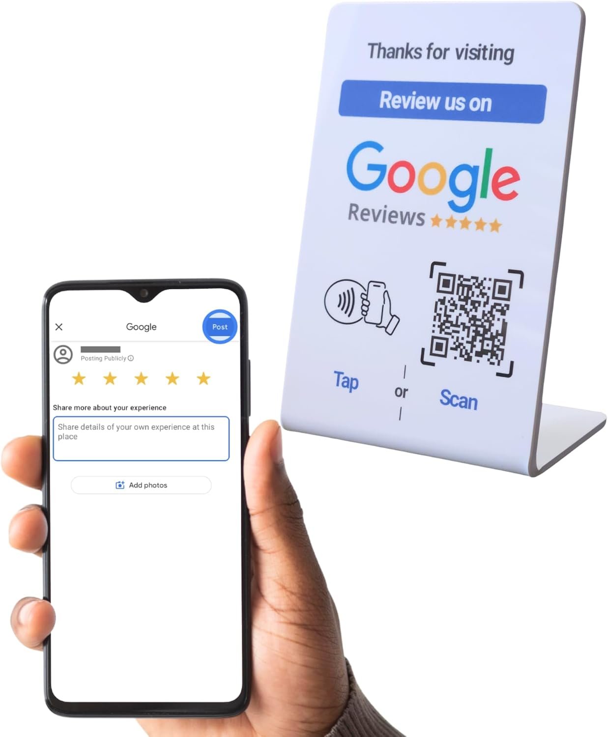 NFC Tap Google Review Stand – Boost Customer Feedback with Tap & Scan QR – No App, No Subscription – Works on iPhone & Android (Size 4.13″x2.75″, 1 Pack)