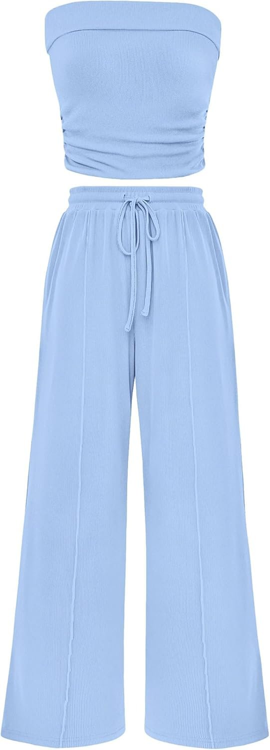 PRETTYGARDEN Womens Summer Outfits 2 Piece Sets Casual Ribbed Knit Crop Tube Top Wide Leg Pants Spring Matching Lounge Set