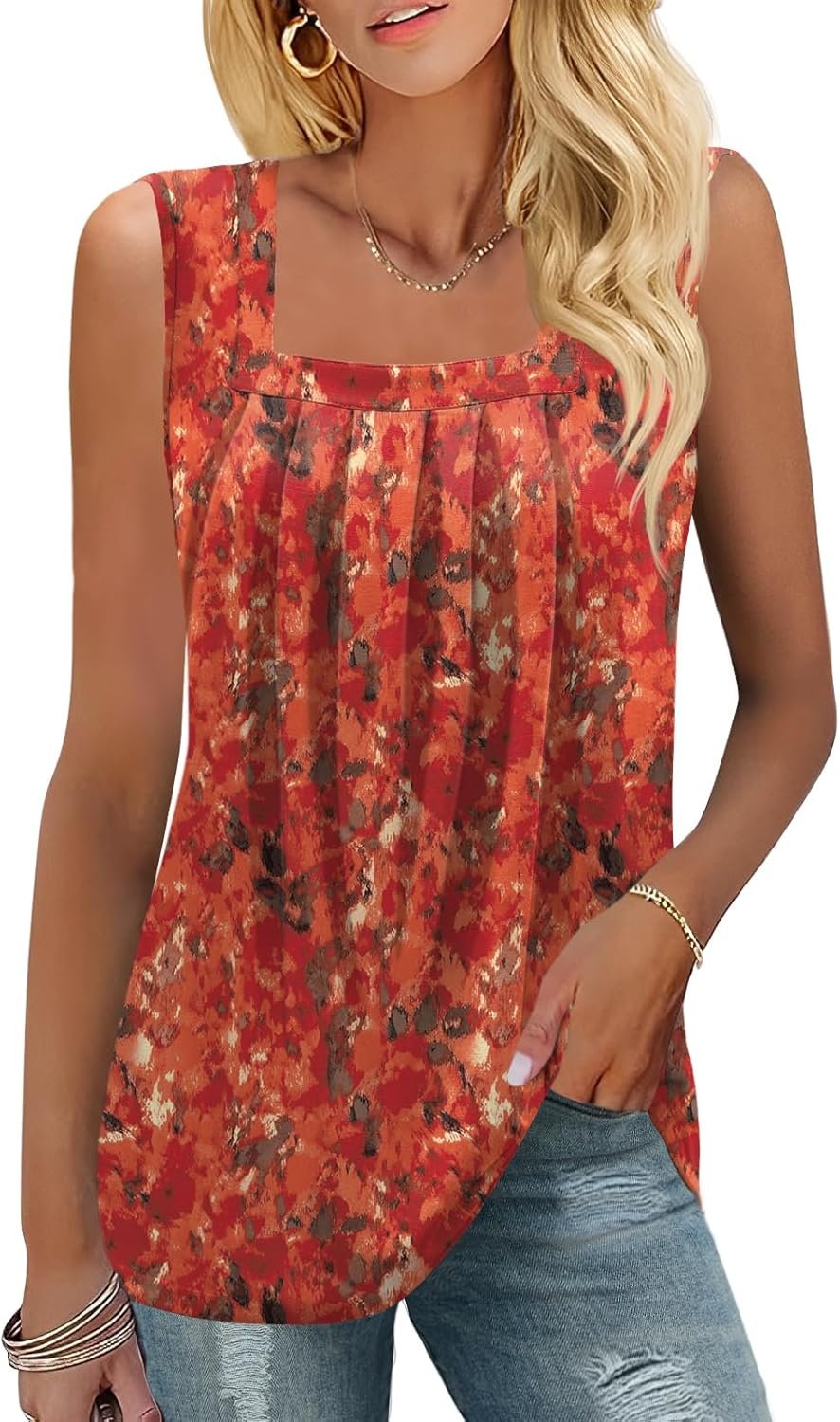 KTILG Summer Sleeveless Square Neck Tops Flowy Pleated Tunic Tank Tops for Women Loose Fit S-3XL…