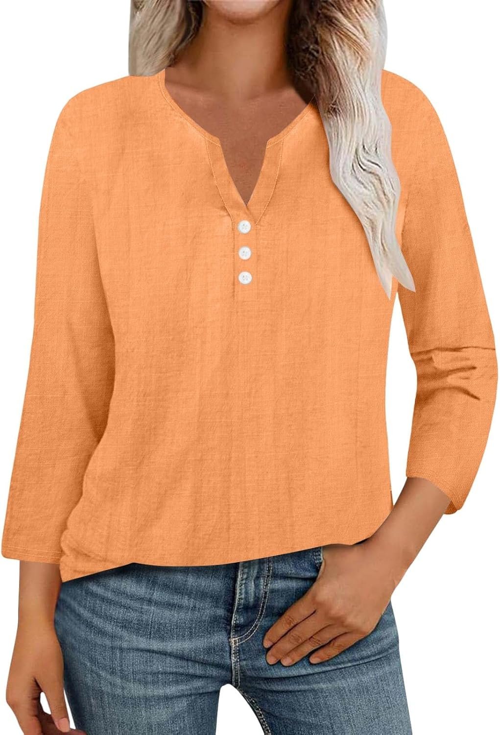 Women’s 3/4 Sleeve Cotton Linen Blouses Led Top T Shirt Solid Color Comfy Tops 2025 Spring Casual Tunic